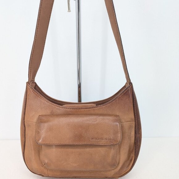 Vintage Fossil Leather Shoulder Handbag Purse Y2K Boho Neutral Coastal Capsule - Picture 2 of 14